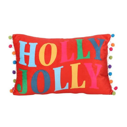 Red Holly Jolly Christmas Cushion with Pom Poms