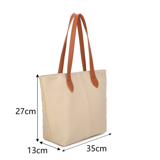 A beige tote bag with brown shoulder straps, shown on a white background with dimension lines and labels indicating 27cm height, 13cm width, and 35cm depth.