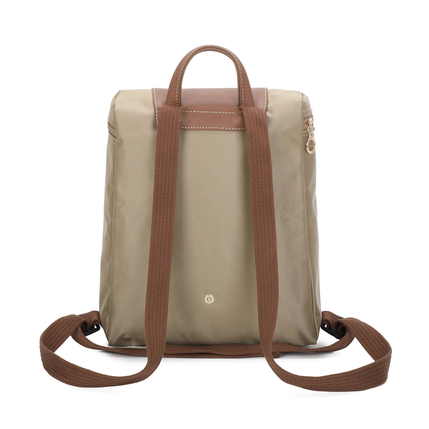 A beige nylon backpack with brown webbed shoulder straps and a brown top handle, shown from the back on a white background.