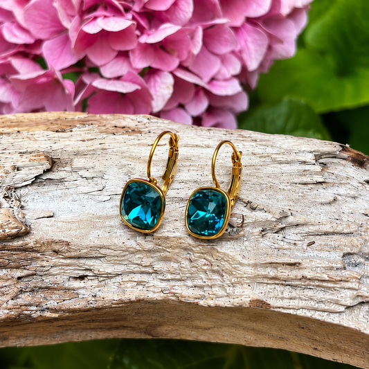 18ct Gold Plated Teal Glass Leverback Drop Earrings