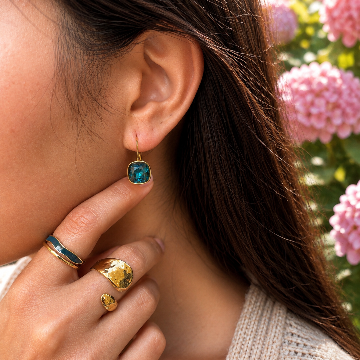 18ct Gold Plated Teal Glass Leverback Drop Earrings