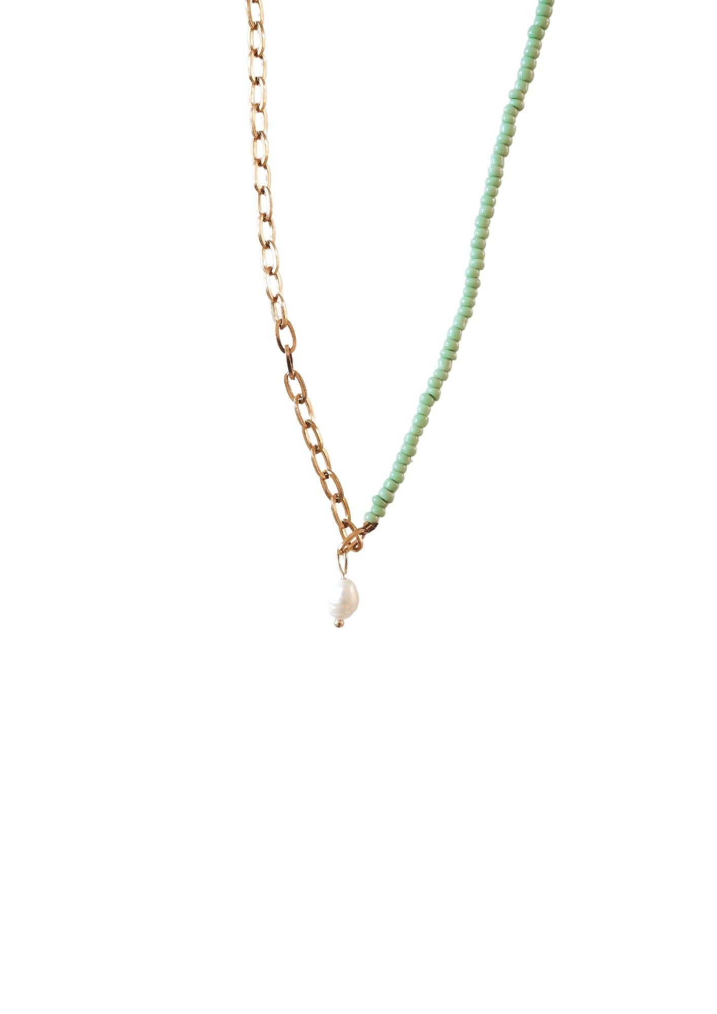Green Freshwater Pearl Seed Bead Necklace | 18k Gold Plated Stainless Steel