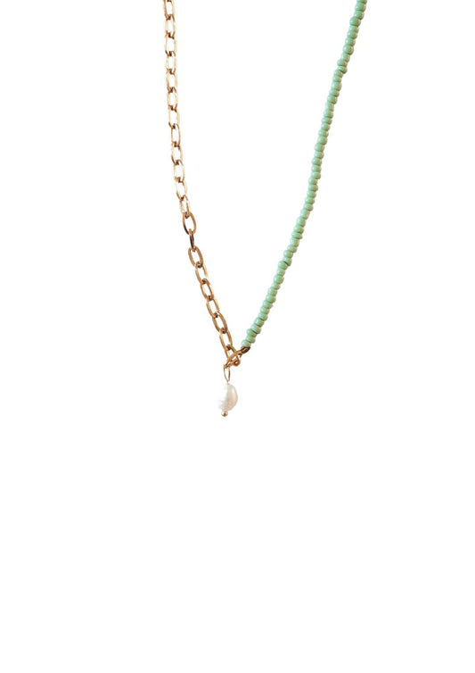 Green Freshwater Pearl Seed Bead Necklace | 18k Gold Plated Stainless Steel