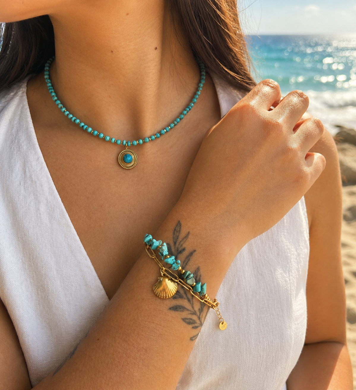 18ct Gold Plated Turquoise Bead Pendant Necklace | Waterproof Stainless Steel