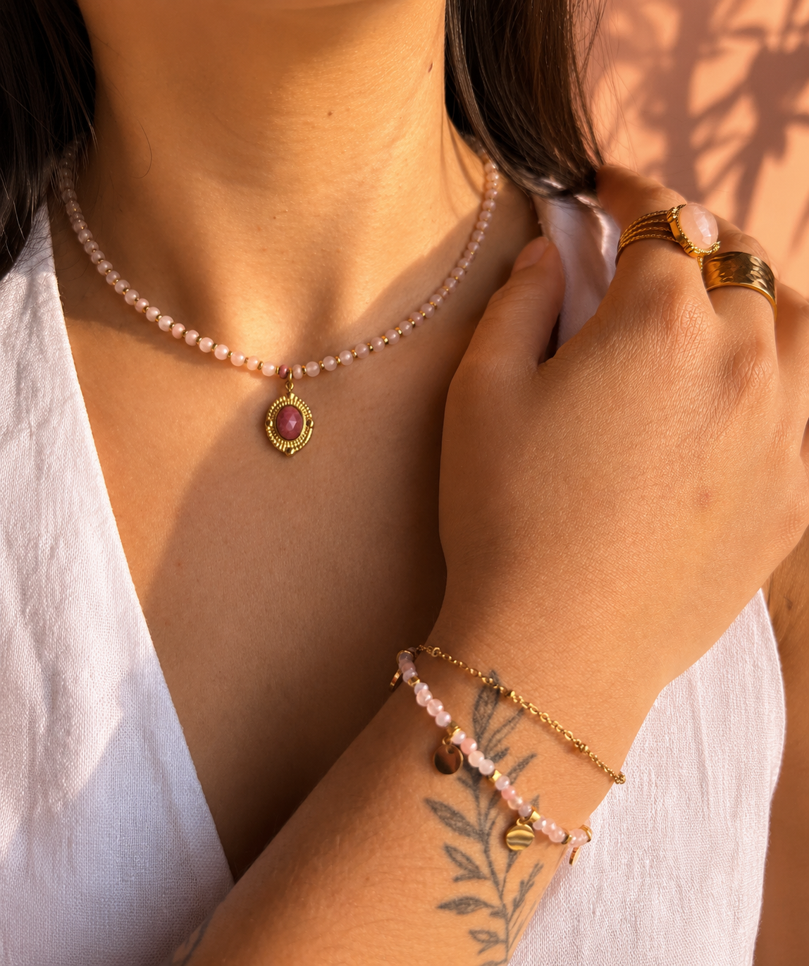 18ct Gold Plated Rose Quartz Bead Pendant Necklace | Waterproof Stainless Steel