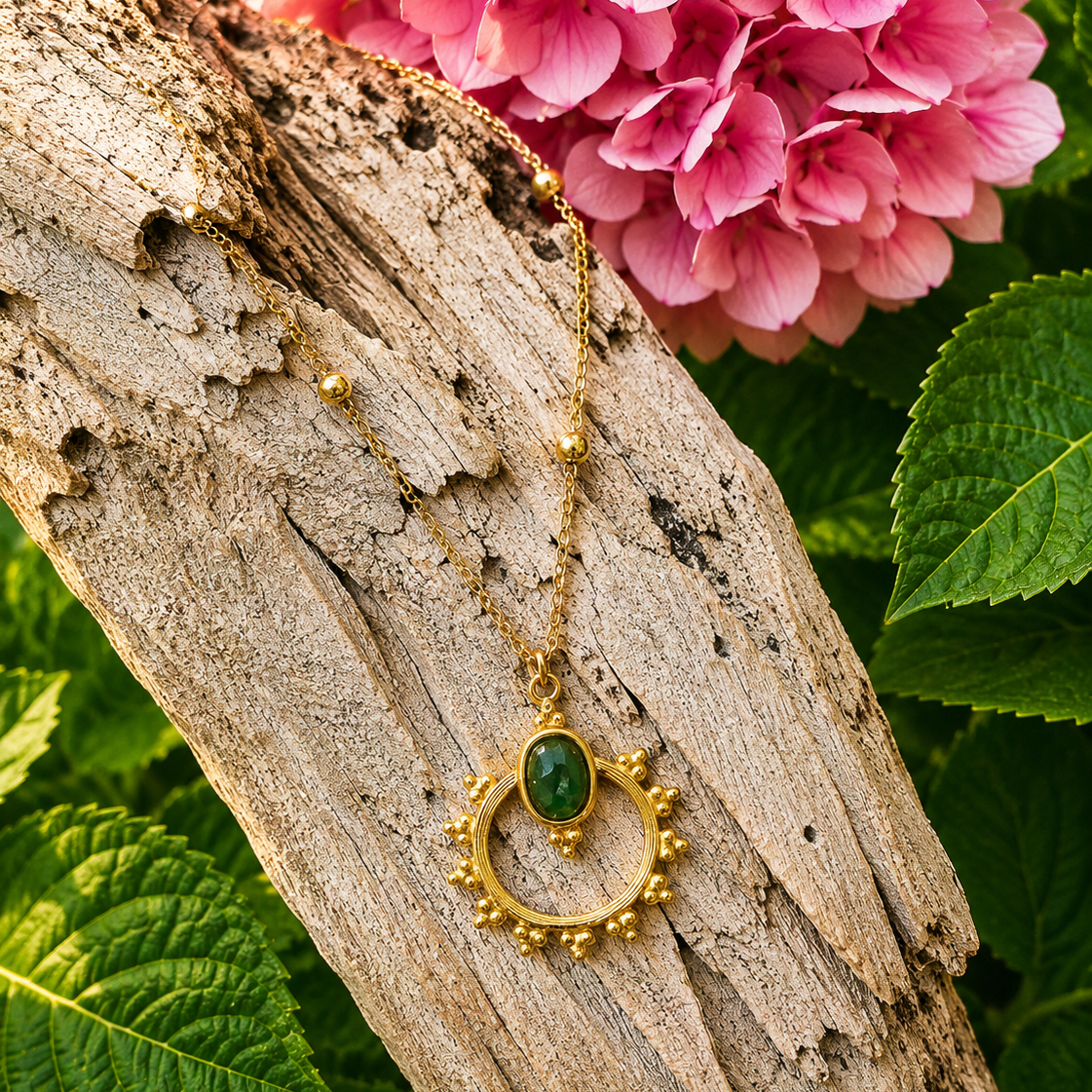 18ct Gold-Plated African Jade Sunburst Necklace