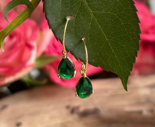 Emerald Green Faceted Glass Drop Earrings