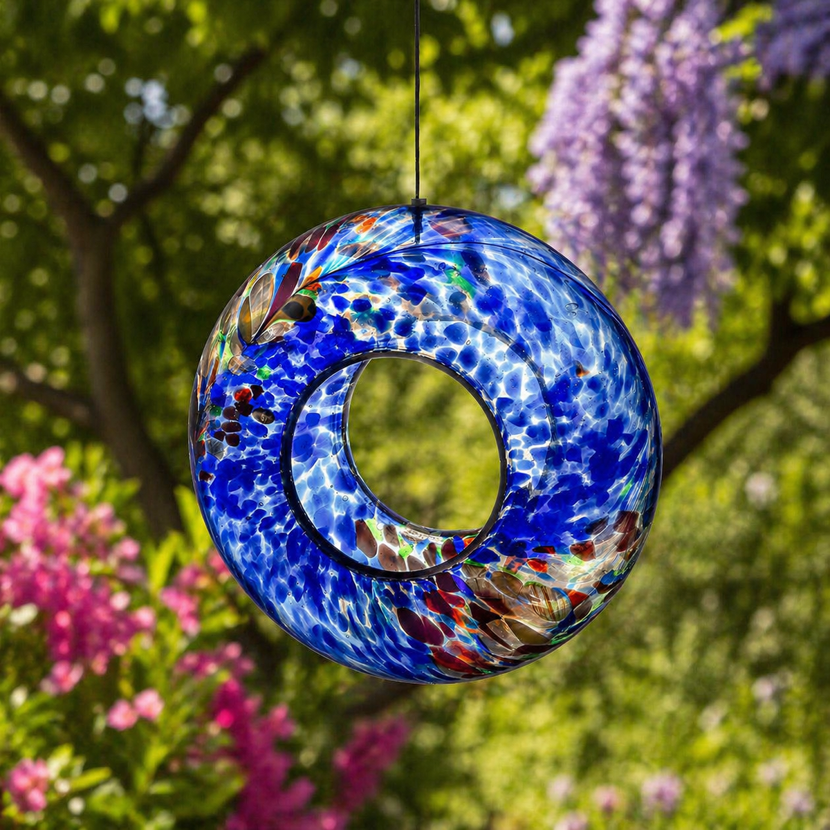 Colorful glass hanging ornament in a garden with flowers
