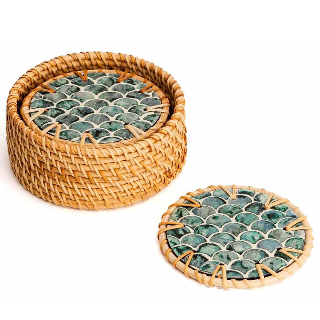 Beach & Boho Rattan and Mother of Pearl Coaster Set | Set of 6 Drink Coasters with Holder