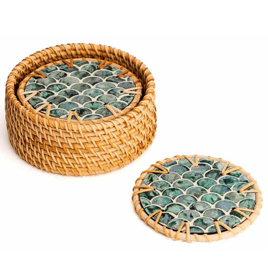 Beach & Boho Rattan and Mother of Pearl Coaster Set | Set of 6 Drink Coasters with Holder