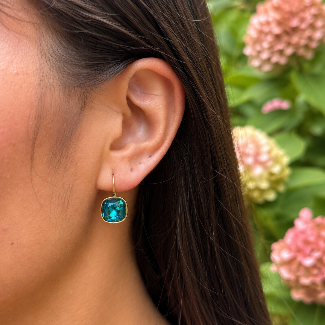18ct Gold Plated Teal Glass Leverback Drop Earrings