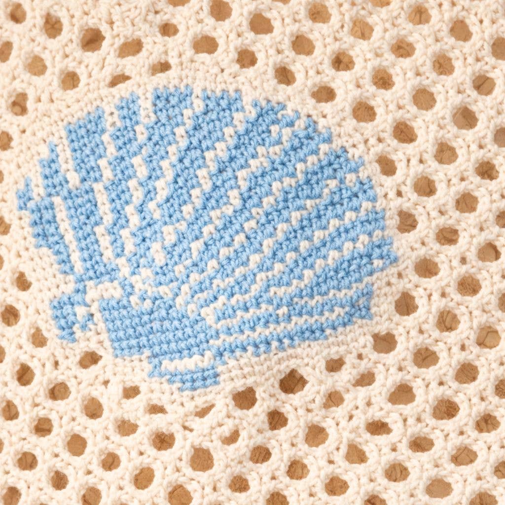Blue shell design on a textured beige and brown background