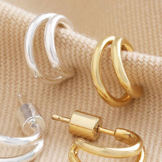 Double Illusion Huggie Hoop Earrings in Silver – Layered Look Minimalist Hoops