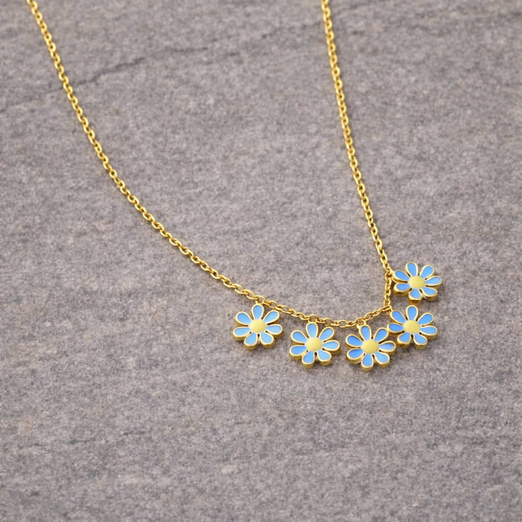 Blue Enamel Flower Necklace | Waterproof Gold Plated Floral Necklace