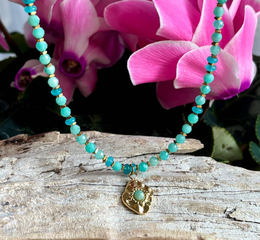 18ct Gold Plated Amazonite Bead Pendant Necklace | Waterproof Stainless Steel