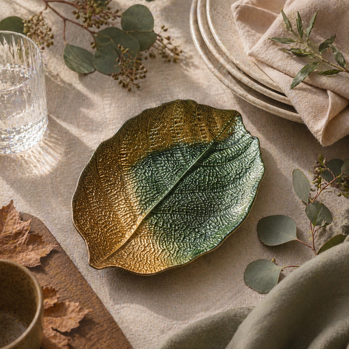 Decorative leaf-shaped dish on a table with greenery and a glass.
