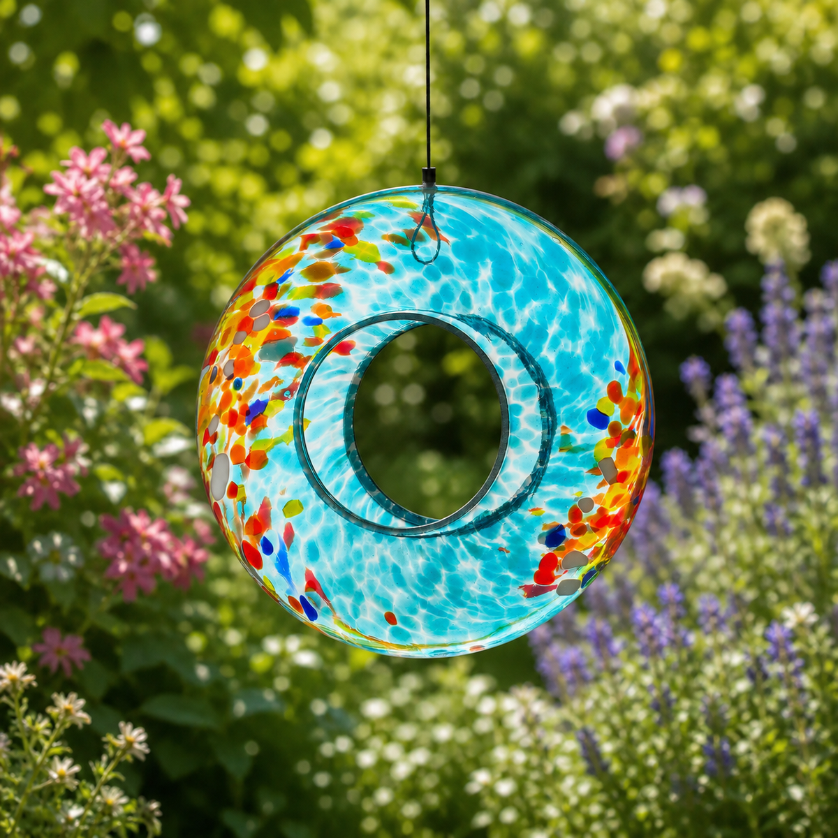 Colorful glass hanging ornament in a garden setting
