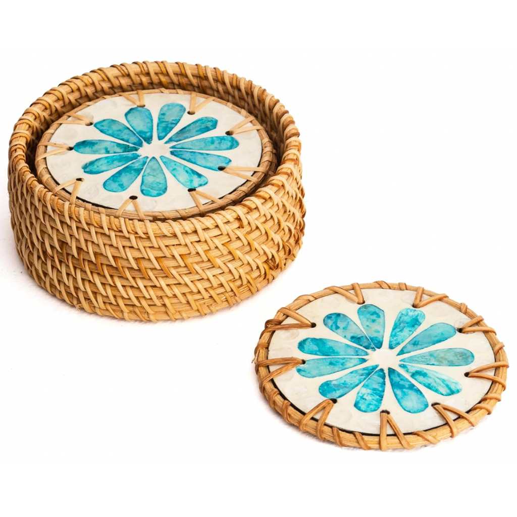 Rattan Ripple | Set of 6 Drink Coasters with Holder
