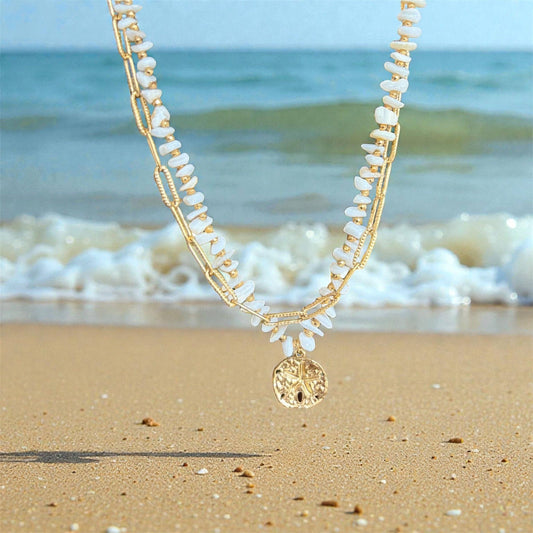 18ct Gold Plated Double Chain Shell Necklace | Waterproof Layered Coastal Necklace