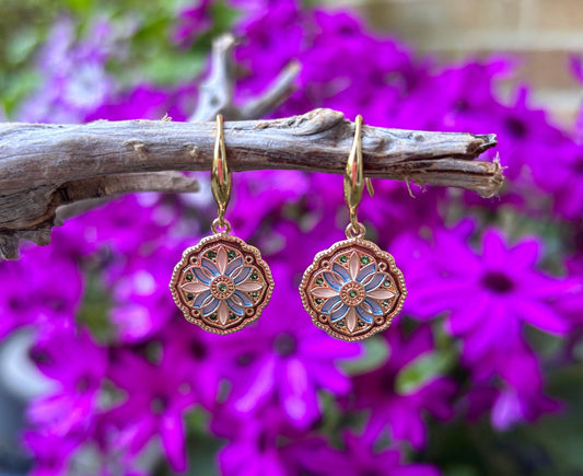 14ct Gold Plated Floral Mosaic Drop Earrings | Statement Gold Earrings UK
