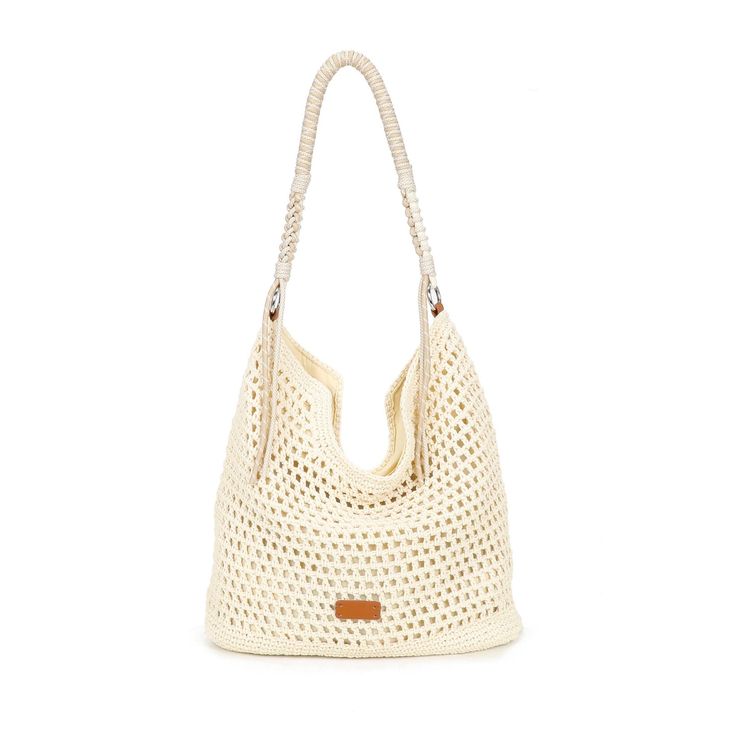 Beige woven handbag on a white background