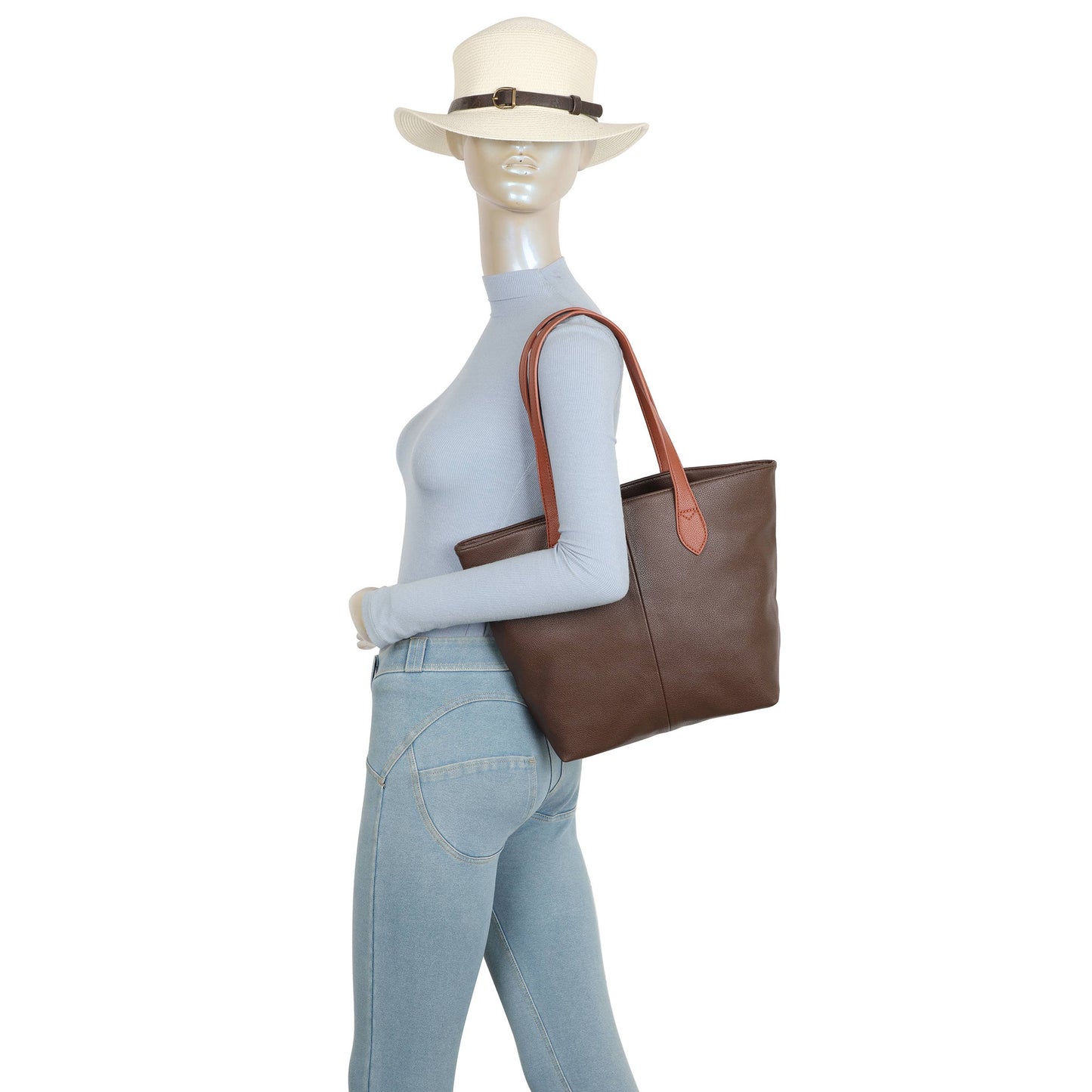 Brown Two-Tone Tote Bag | Large Everyday Shoulder Bag with Zip Closure