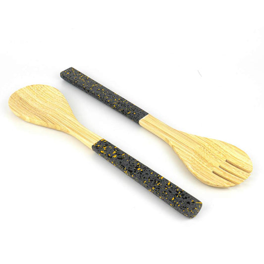 Handmade Bamboo Salad Servers with Terrazzo Handles – Dark Grey