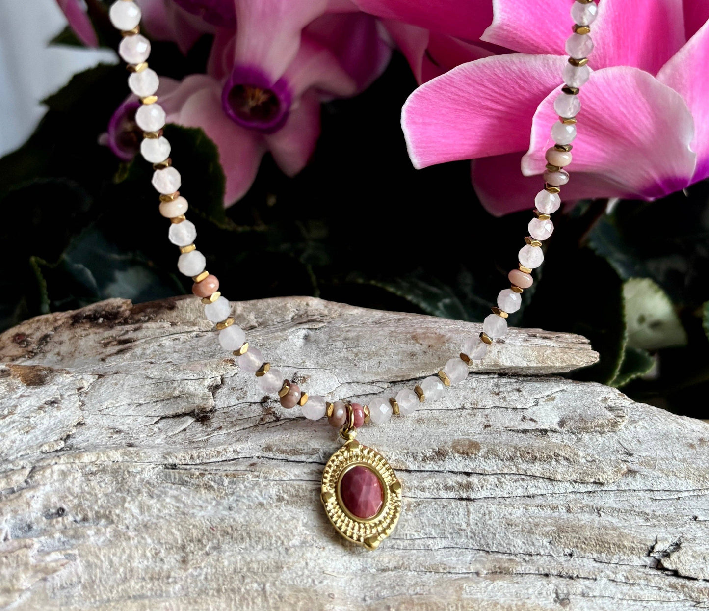 18ct Gold Plated Rose Quartz Bead Pendant Necklace | Waterproof Stainless Steel