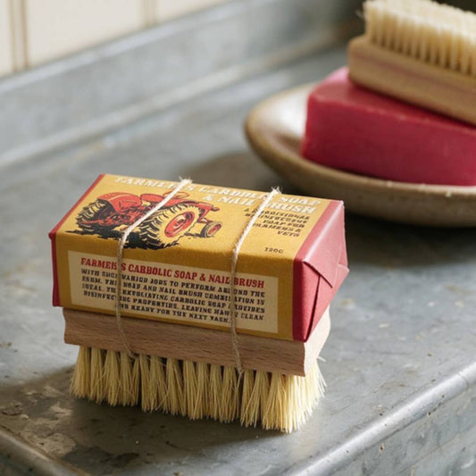 A bar of Farmer's Carbolic Soap & Nail Brush tied with twine, resting on a rustic metal surface with a blurred background showing another soap bar and brush.