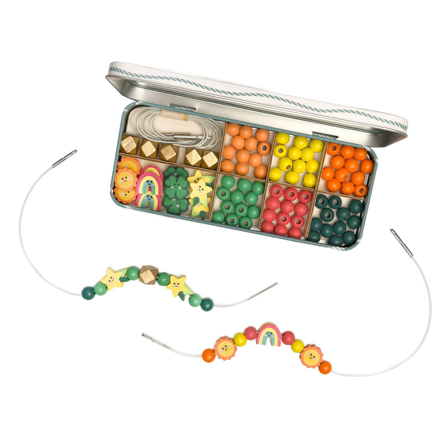 Colorful bead set with tools in a metal case on a white background
