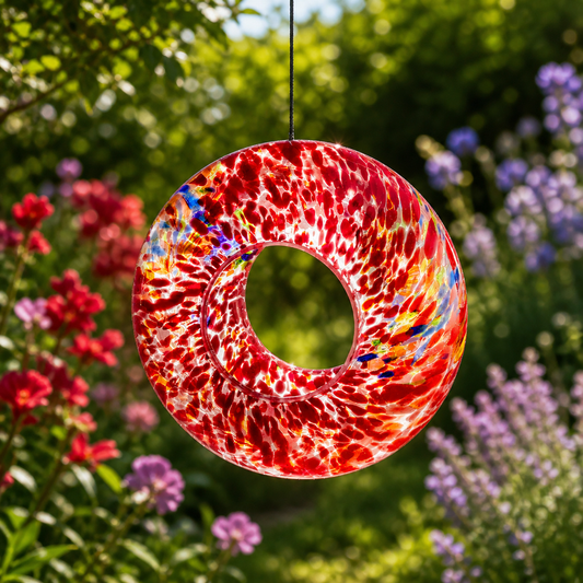 Colorful circular glass ornament hanging in a garden with flowers in the background