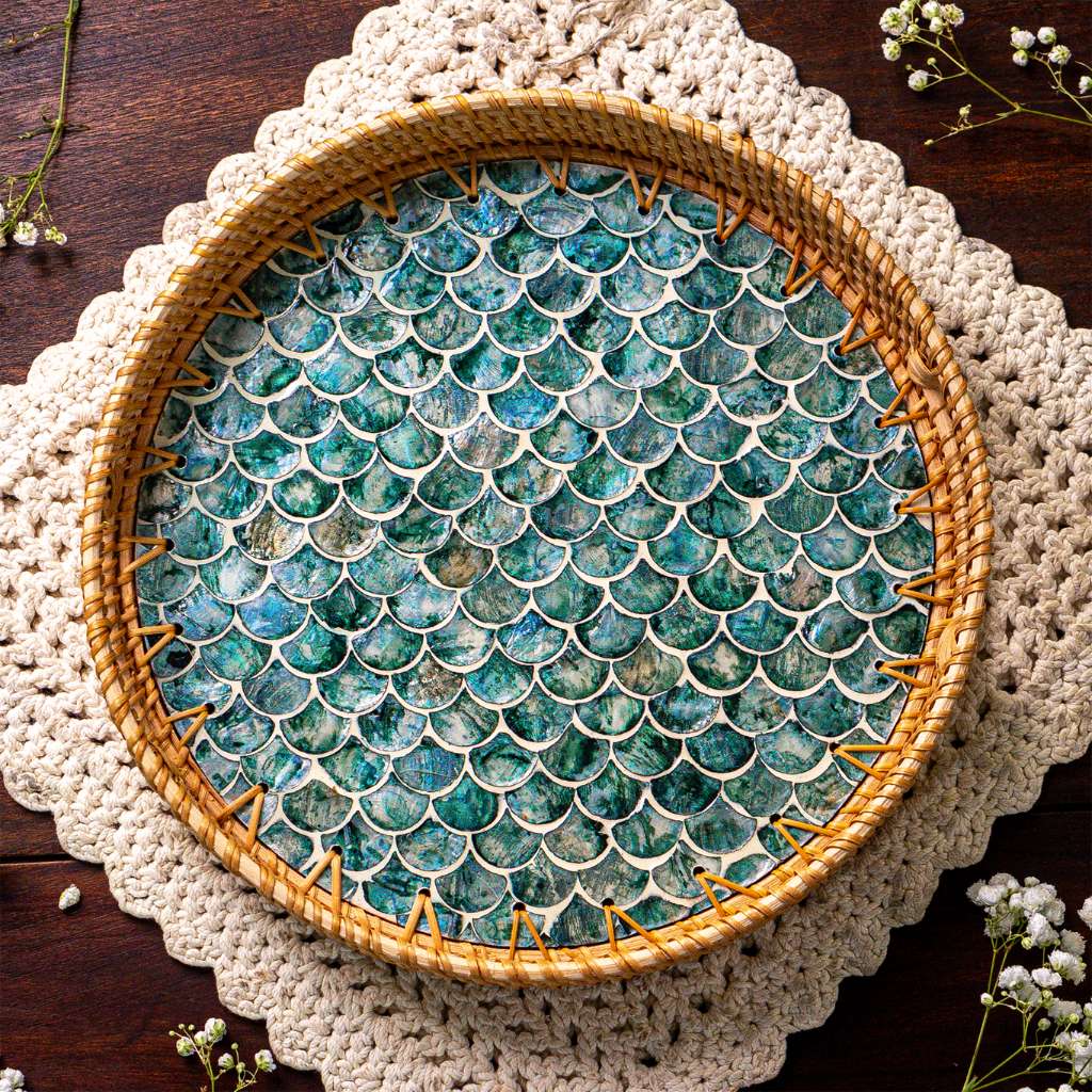 Rattan & Mother of Pearl Serving Tray | Decorative Round Coffee Table Tray
