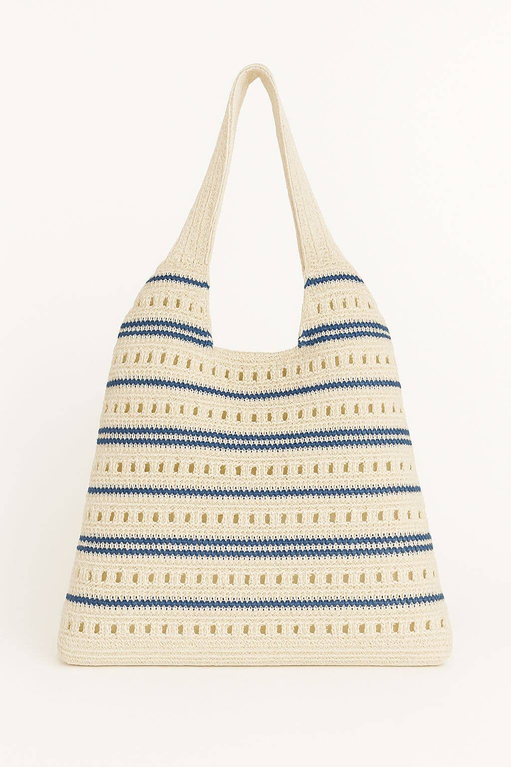 Striped tote bag with blue and beige pattern on a white background