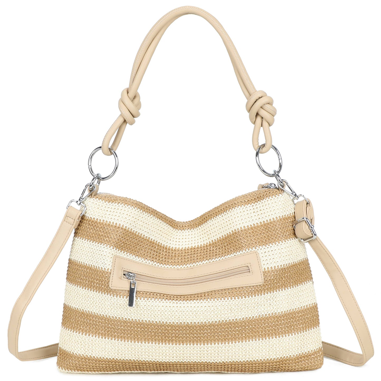 H681-4 Natural Straw Stripe Shoulder Bag with Knot Handle: Khaki/beige