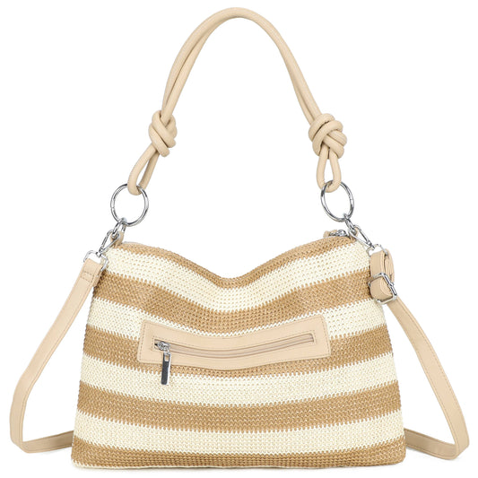 Khaki & Beige Straw Stripe Shoulder Bag | Woven Crossbody & Shoulder Handbag