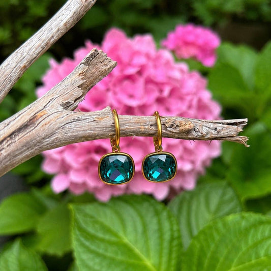 18ct Gold Plated Teal Glass Leverback Drop Earrings