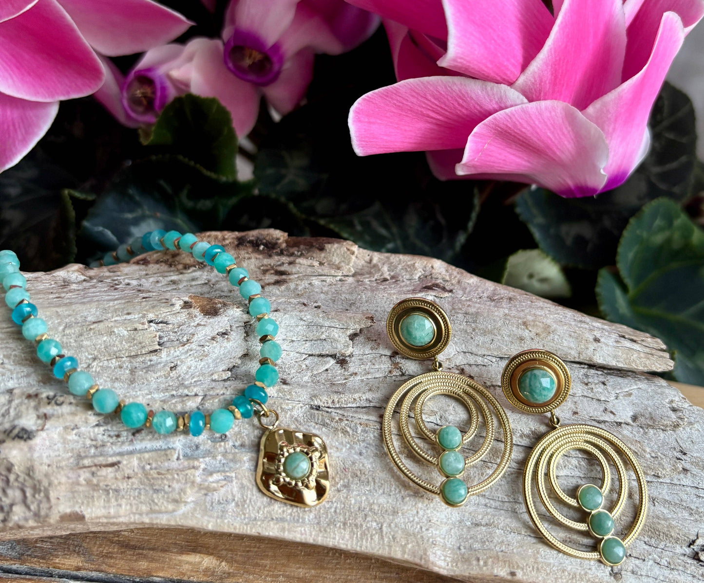 18ct Gold Plated Amazonite Bead Pendant Necklace | Waterproof Stainless Steel