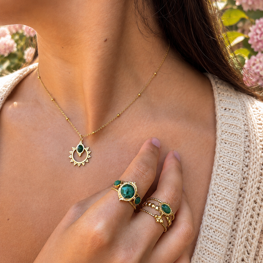 18ct Gold-Plated Green Agate Triple Band Ring