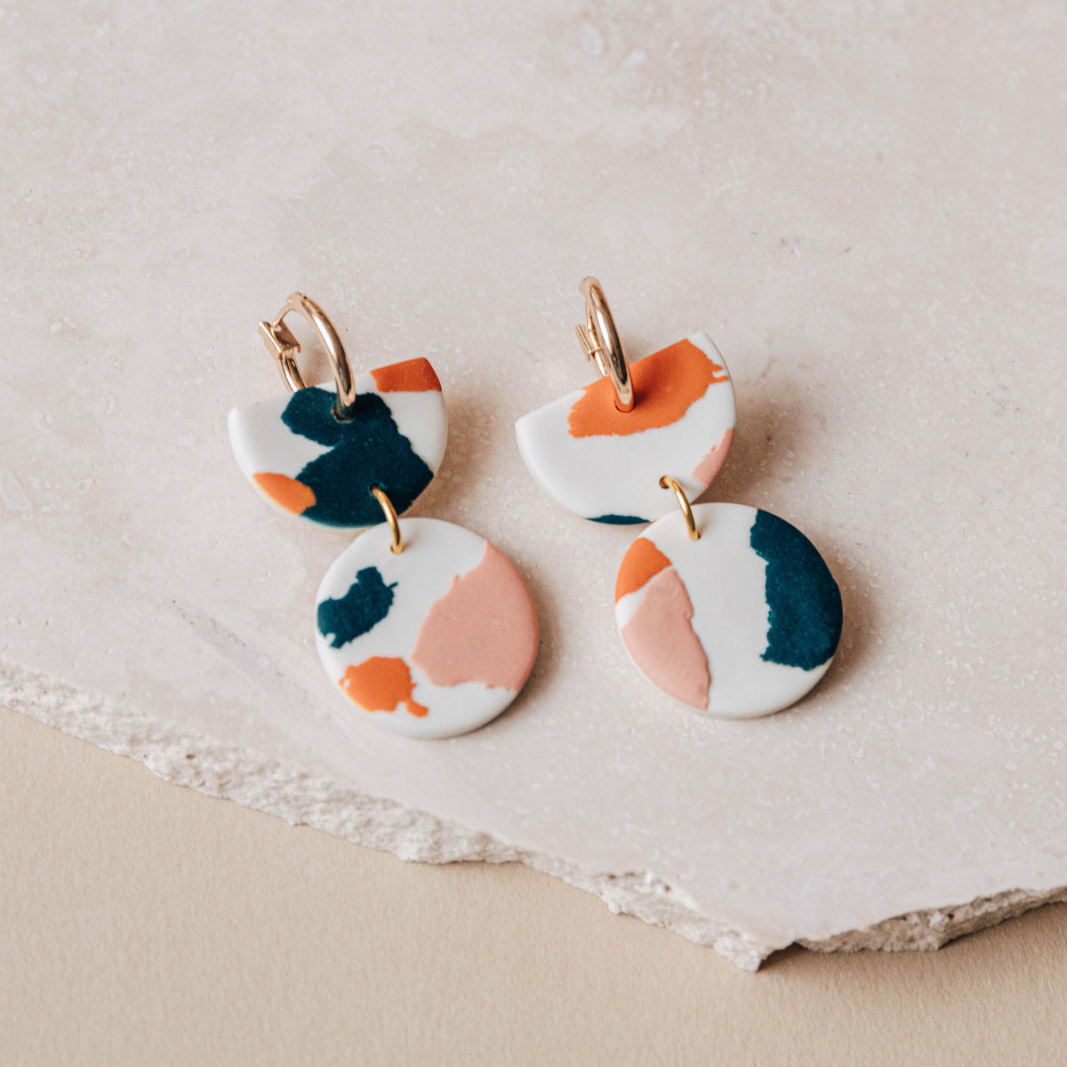 Stephanie Terrazzo Hoop Earrings – Deep Teal, Pink & Orange