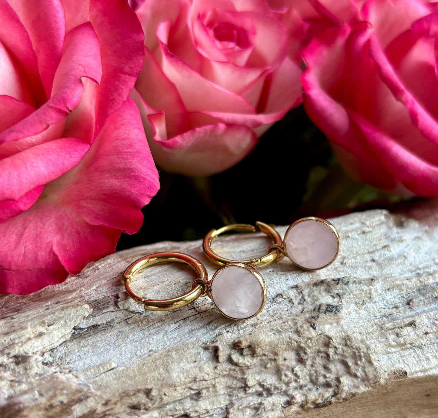18ct Gold Plated Rose Quartz Huggie Earrings | Waterproof Natural Gemstone Earrings