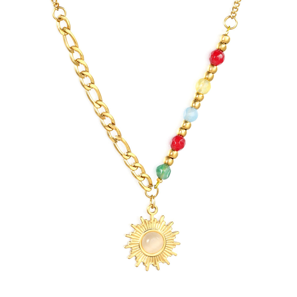 Natural Stone Sun Pendant Necklace – 18K Gold PVD Plated