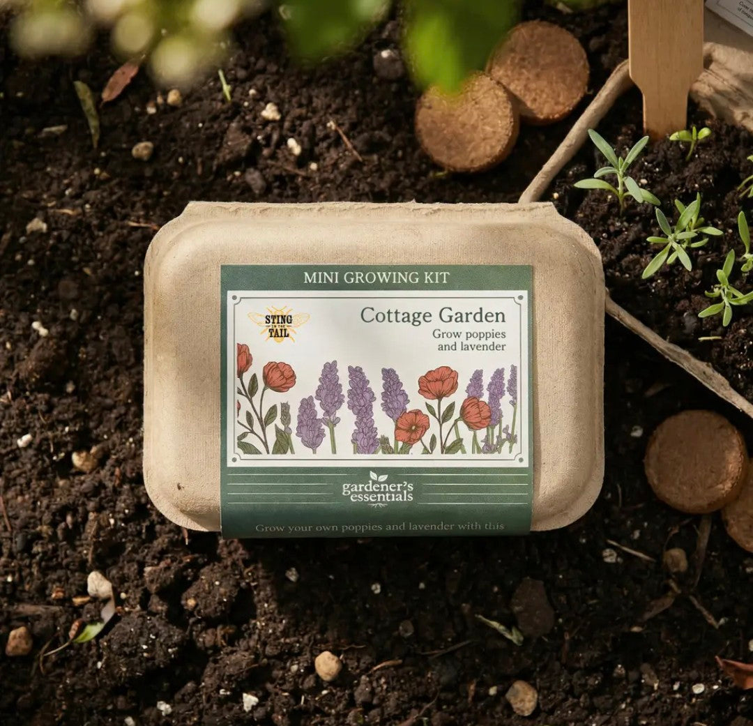 A mini cottage garden starter kit by Farmer's Essentials, packaged in a brown paper tray, placed on dark soil with small seedlings and wooden potting sticks.