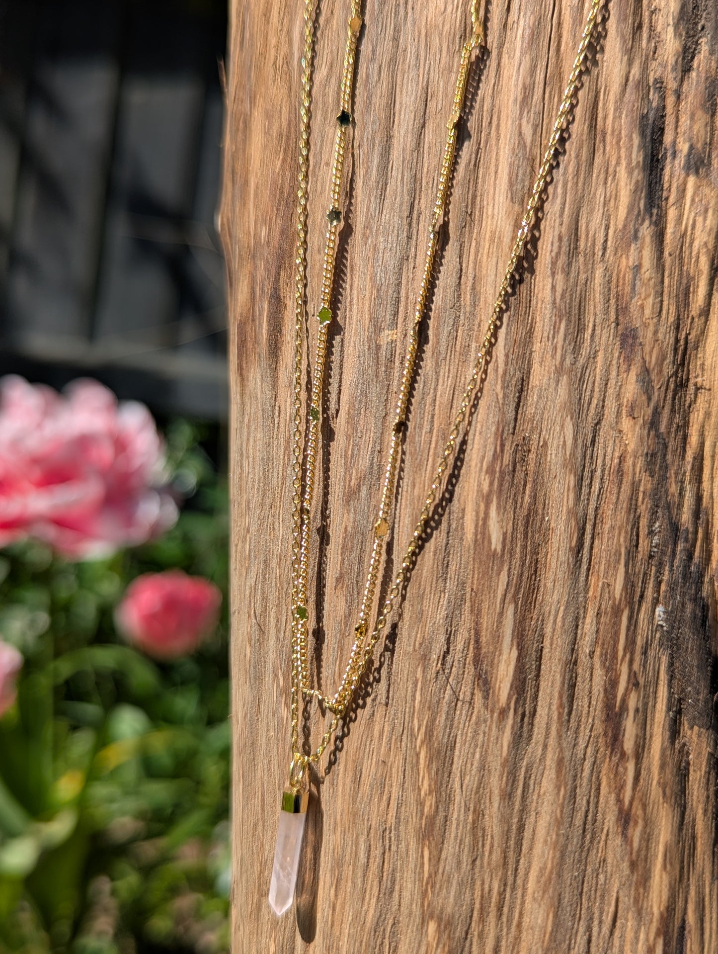 Rose Quartz Healing Crystal Double Chain Necklace in Gold – Layered Spiritual Jewellery
