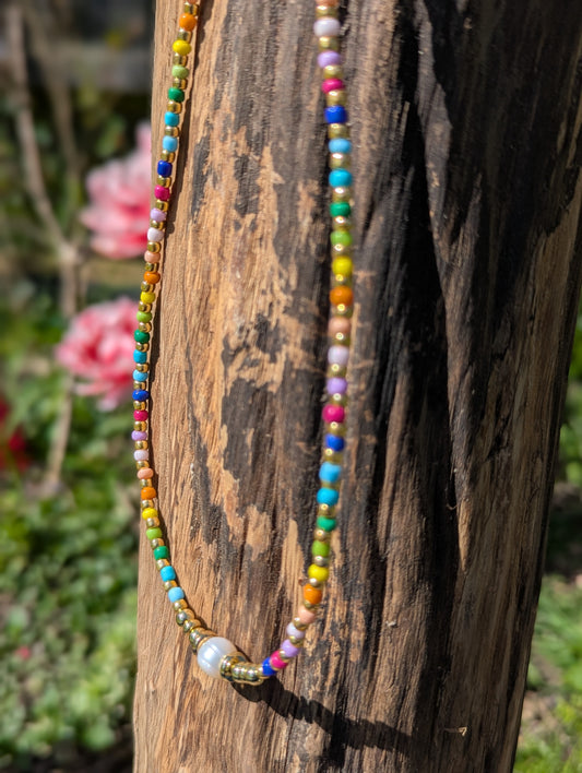 Pearl Rainbow Necklace in 18ct Gold Plated – Freshwater Pearl Colourful Necklace