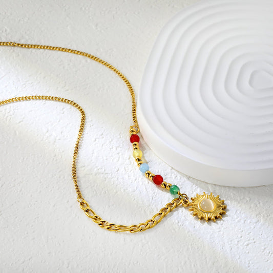 Natural Stone Sun Pendant Necklace – 18K Gold PVD Plated