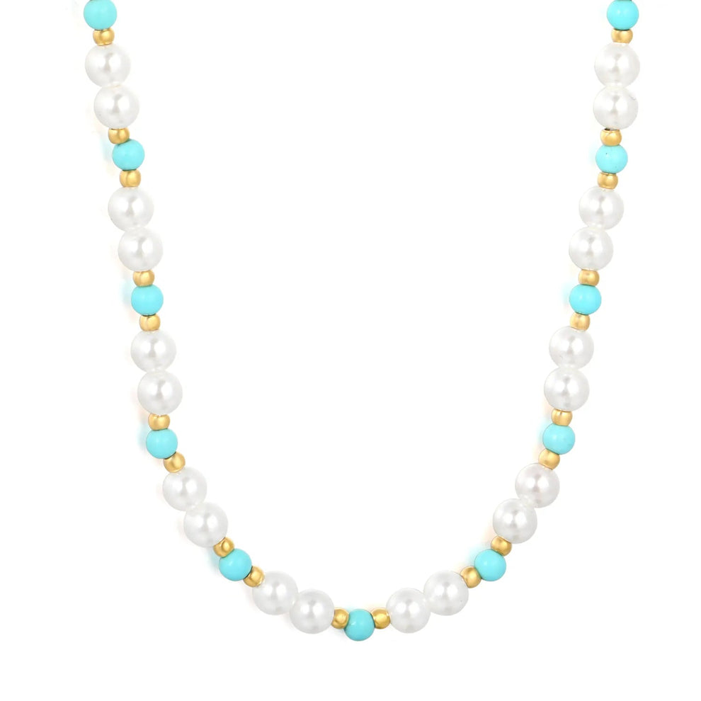Coastal Blue Bead & Shell Pearl Necklace – Gold Plated