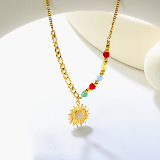 Natural Stone Sun Pendant Necklace – 18K Gold PVD Plated