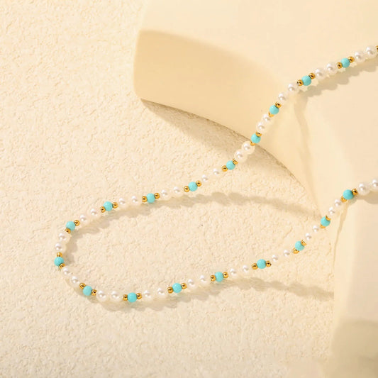 Coastal Blue Bead & Shell Pearl Necklace – Gold Plated