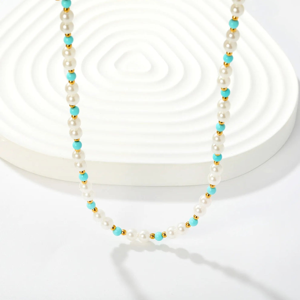 Coastal Blue Bead & Shell Pearl Necklace – Gold Plated