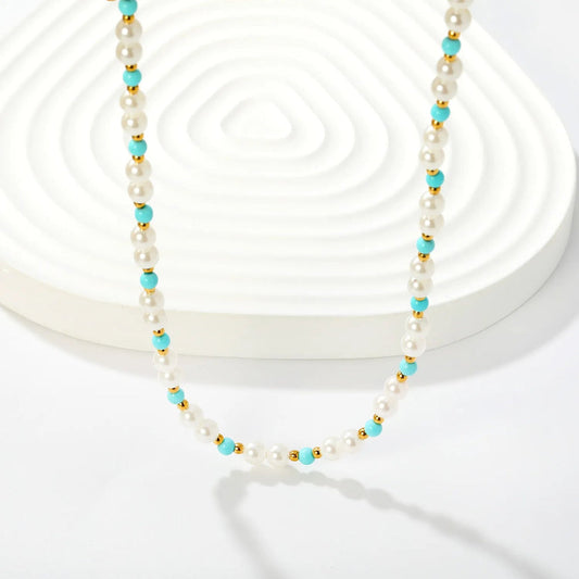 Coastal Blue Bead & Shell Pearl Necklace – Gold Plated